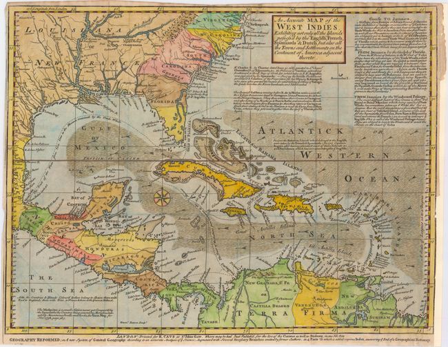 An Accurate Map of the West Indies. Exhibiting Not Only All the Islands Possess'd by the English, French, Spaniards & Dutch, but Also All the Towns and Settlements on the Continent of America Adjacent Thereto