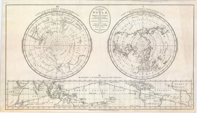 A New Map of the World, in Three Sections; Wherein the Several Tracks and Discoveries of the British Navigators, to the Present Time, Are Distinctly and Accurately Laid Down