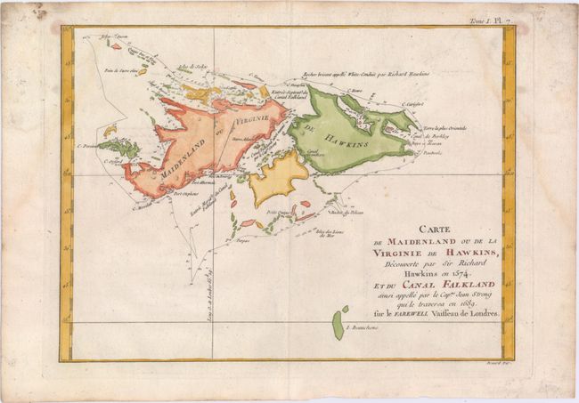 Carte de Maidenland ou de la Virginie de Hawkins, Decouverte par Sir Richard Hawkins en 1574, et du Canal Falkland ainsi Appelle par le Capne. Jean Strong qui le Traversa en 1689. Sur le Farewell Vaisseau de Londres