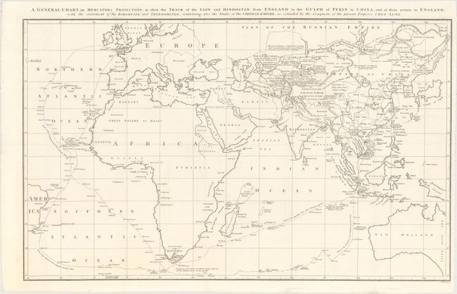A General Chart, on Mercator's Projection, to Shew the Track of the Lion and Hindostan from England to the Gulph of Pekin in China, and of Their Return to England, with the Statement of the Barometer and Thermometer...