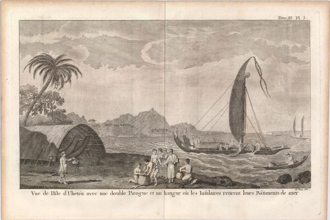 Vue de l'Isle d'Ulietea avec une Double Pirogue et un Hangar ou les Insulaires Retirent Leurs Batiments de Mer