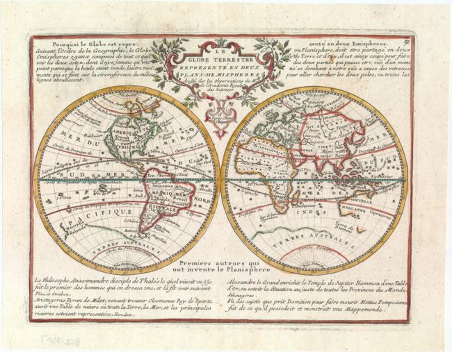 Le Globe Terrestre Represente en Deux Plans-Hemispheres Dressee sur les Observations de Mrs. de l'Academie Royale des Sciences