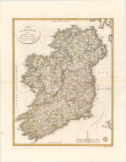 Carte d'Irlande Divisee en Provinces et Comtes sur Laquelle on a Marque les Grands-Chemins, les Chemins de Traverse, et les Distances, en Milles Anglaia, des Principaux Lieux a Dublin