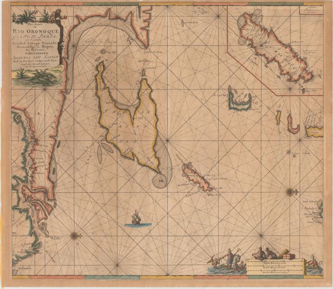 Pas Kaart van Rio Oronoque Golfo de Paria, met d'Eylanden Trinidad, Tabago, Granada, Granadillos, en Bequia