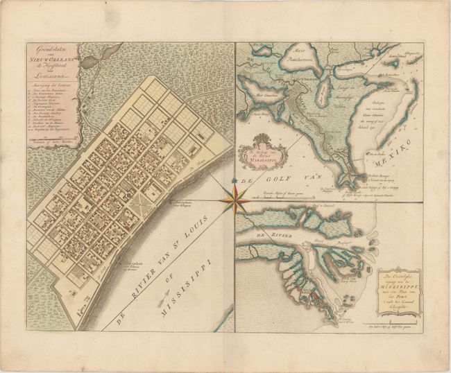 Grondvlakte van Nieuw Orleans, de Hoofdstad van Louisiana [on sheet with] De Uitloop van de Rivier Missisippi [and] De Oostelyke Ingang van de Missisippi, met een Plan van het Fort, 't Welk het Kanaal Beheerscht