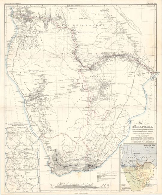 Karte von Sud-Afrika zur Ubersicht der Neuesten Entdeckungen von Livingstone, Moffat, Galton, Anderson, Bain's Geol. Aufnahme, Forschungen in Benguela &&&.