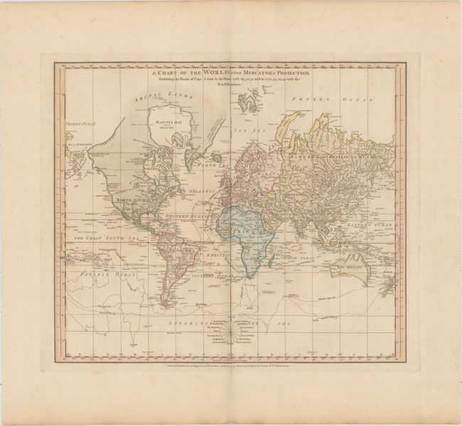 A Chart of the World upon Mercator's Projection. Describing the Tracks of Capt. Cook in the Years 1768, 69, 70, 71, and in 1772, 73, 74, 75, with the New Discoveries