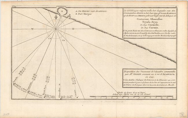 Disposition des Vaisseaux de l'Escadre Commandee par Mr. Anson Croisant, vis a vis d'Acapulco, en 1742... / De Schikkingen Volgens Welke het Esquader van den Commandeur Anson, in het Jaar 1742 af en aan Acapulco...