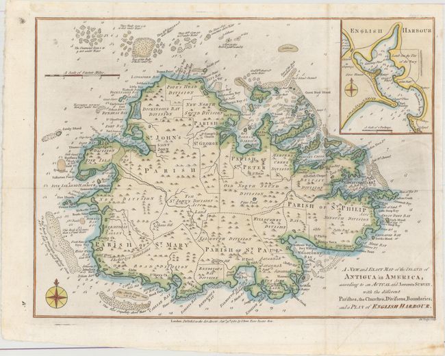 A New and Exact Map of the Island of Antigua in America, According to an Actual and Accurate Survey, with the Different Parishes, the Churches, Divisions, Boundaries; and a Plan of English Harbour