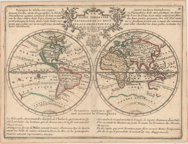 Le Globe Terrestre Represente en Deux Plans-Hemispheres Dressee sur les Observations de Mrs. de l'Academie Royale des Sciences
