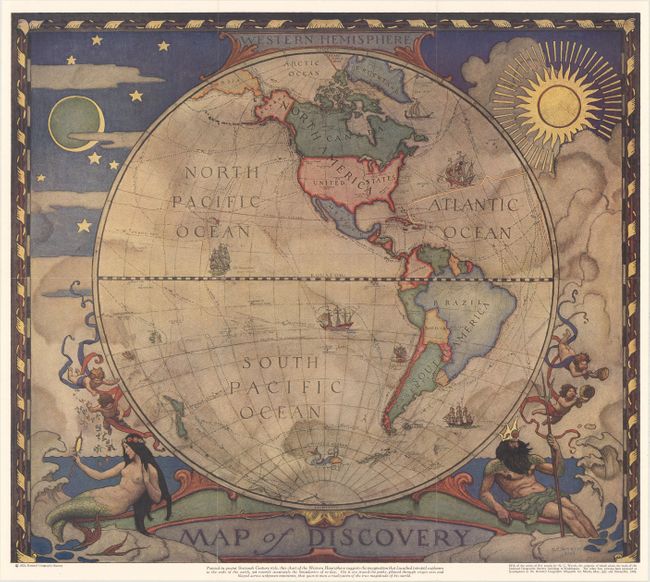 Western Hemisphere - Map of Discovery [in set with] Eastern Hemisphere - Map of Discovery [and] The Discoverer [and] Beyond Uncharted Seas Columbus Finds a New World... [and] Through Pathless Skies to the North Pole
