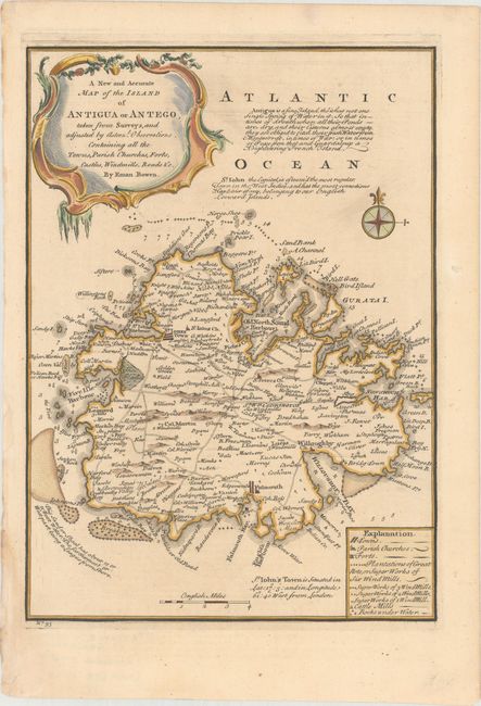 A New and Accurate Map of the Island of Antigua or Antego, Taken from Surveys, and Adjusted by Astronl. Observations. Containing All the Towns, Parish Churches, Forts, Castles, Windmills, Roads &c.