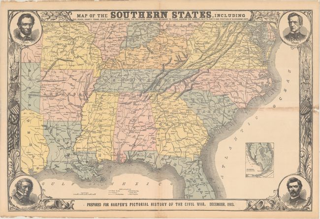 Map of the Southern States, Includng Rail Roads, County Towns, State Capitals, County Roads, the Southern Coast from Delaware to Texas, Showing the Harbors, Inlets, Forts and Position of Blockading Ships