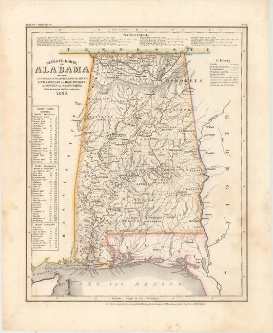 Neueste Karte von Alabama mit Seinen Canaelen, Strassen, Eisenbahnen, Entfernungen der Hauptpunkte und Routen...