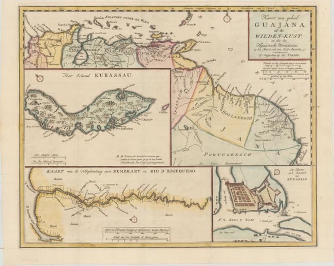 Kaart van Geheel Guajana of de Wilden-Kust, en die der Spaansche Westindien, op het Noord-end van Zuid-Amerika [on sheet with] Het Island Kurassau [and] Kaart van de Volkplanting aan Demerary en Rio d'Essequebo [and] De Haven en 't Kasteel van Kurassau