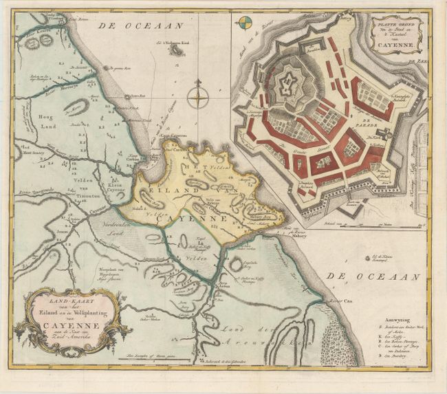 Land-Kaart van het Eiland en de Volkplanting van Cayenne aan de Kust van Zuid-Amerika