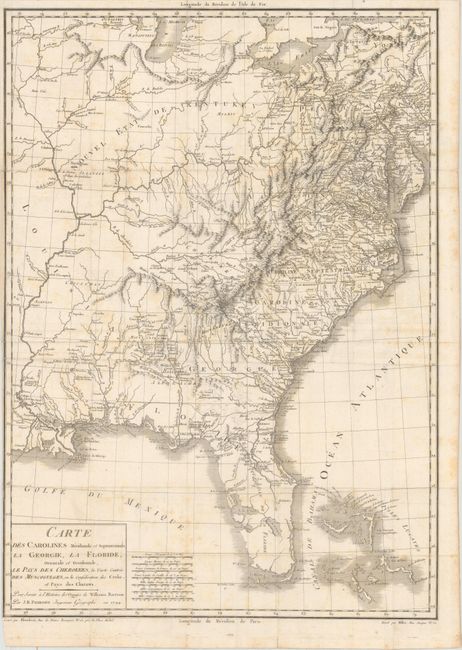 Carte des Carolines Meridionale et Septentrionale, la Georgie, la Floride, Orientale et Occidentale, le Pays des Cherokees, la Vaste Contree des Muscogulges, ou la Confederation des Creks et Pays des Chataws
