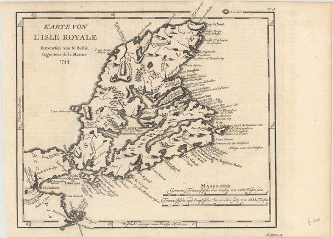 Karte von l'Isle Royale [and] Grundriss des Hafens Dauphin und Seiner Rheede Nebst der Einfahrt in den Labrador
