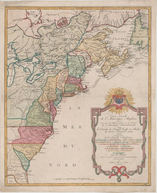 Carte Nouvelle de l'Amerique Angloise Contenant tout ce que les Anglois Possedent sur le Continent de l'Amerique Septentrionale Savoir le Canada, la Nouvelle Ecosse ou Acadie, les Treize Provinces Unies...