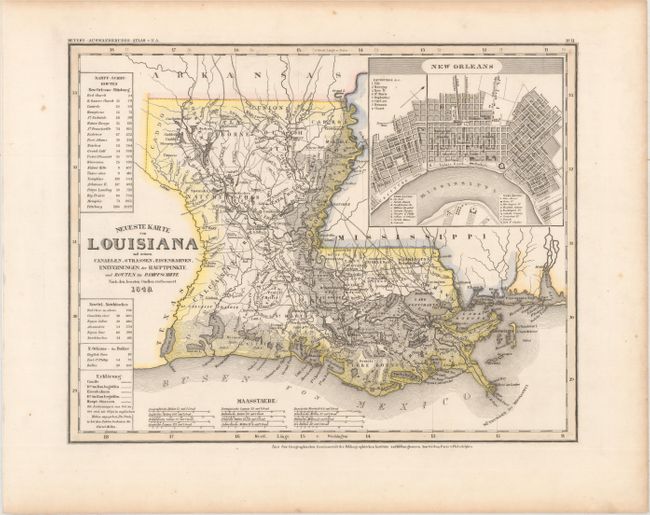 Neueste Karte von Louisiana mit Seinen Canaelen, Strassen, Eisenbahnen, Entfernungen der Hauptpunkte, und Routen fur Dampfschiffe...
