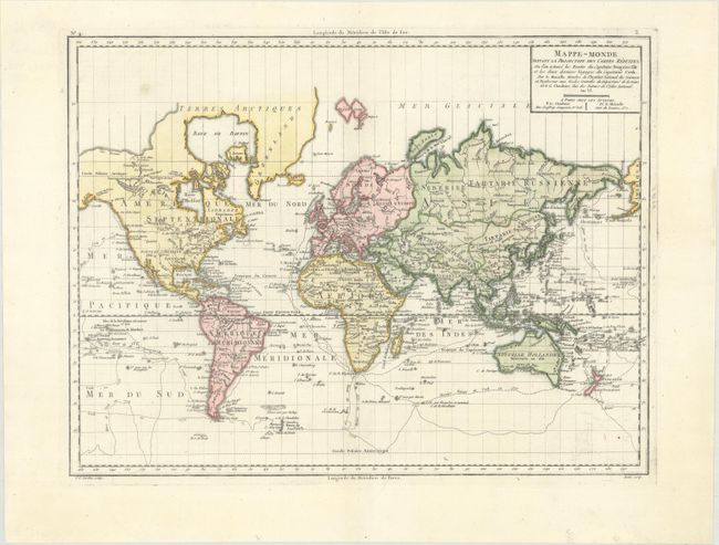 Mappe-Monde Suivant la Projection des Cartes Reduites, ou l'on a Trace les Routes du Capitaine Bougainville et les Deux Derniers Voyages du Capitaine Cook...