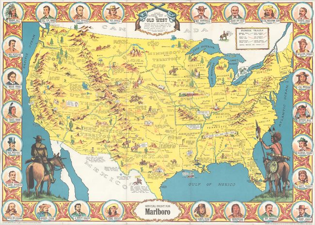 Sheriff Danny Arnold's Pictorial Map of the Old West Showing Pioneer Trails and Battles, Indian Territories, Stagecoach Lines, Military Forts, Historical Data of the Frontier Period Around 1840