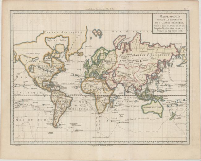 Mappe-Monde Suivant la Projection des Cartes Reduites; ou l'on a Trace les Routes de Mr. de Bougainville, et les Deux Derniers Voyages du Capitaine Cook