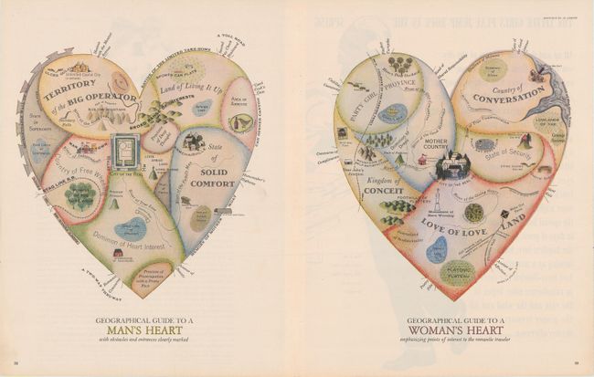 Geographical Guide to a Man's Heart with Obstacles and Entrances Clearly Marked [on sheet with] Geographical Guide to a Woman's Heart Emphasizing Points of Interest to the Romantic Traveler