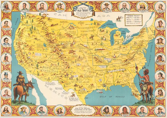 Danny Arnold's Pictorial Map of the Old West Showing Pioneer Trails and Battles, Indian's Territories, Stagecoach Lines, Military Forts, Historical Data of the Frontier Period Around 1840