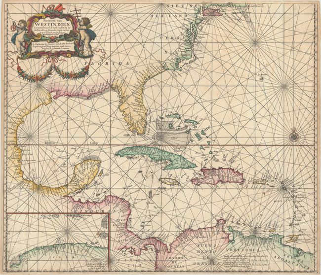 Pascaerte van Westindien Begrypende in zich de Vaste Kusten en Eylanden, Alles op syn Waere Lengte en Breete op Wassende Graden Gelegt