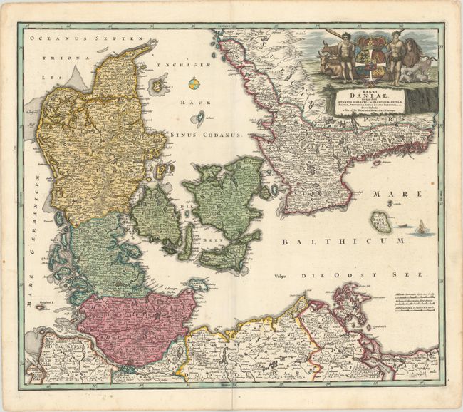 Regni Daniae, in quo sunt Ducatus Holsatia et Slesvicum, Insulae Danicae, Provinciae Iutia Scania Blekingia &c Nova Tabula