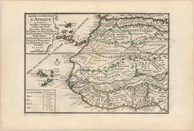 Partie Occidentale d'Afrique ou se Trouve les Isles Canaries, et du Cap Verd dans la Mer Atlantique les Etats du Roy de Maroc, les Royaumes d'Alger et de Tunis...
