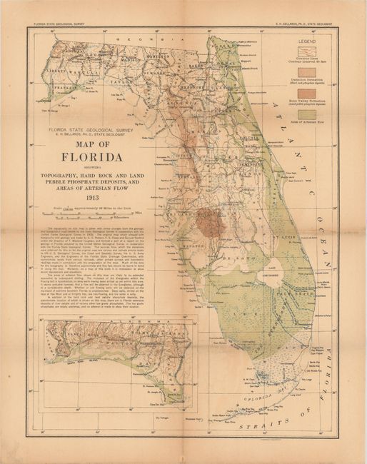 Map of Florida Showing Topography, Hard Rock and Land Pebble Phosphate Deposits...