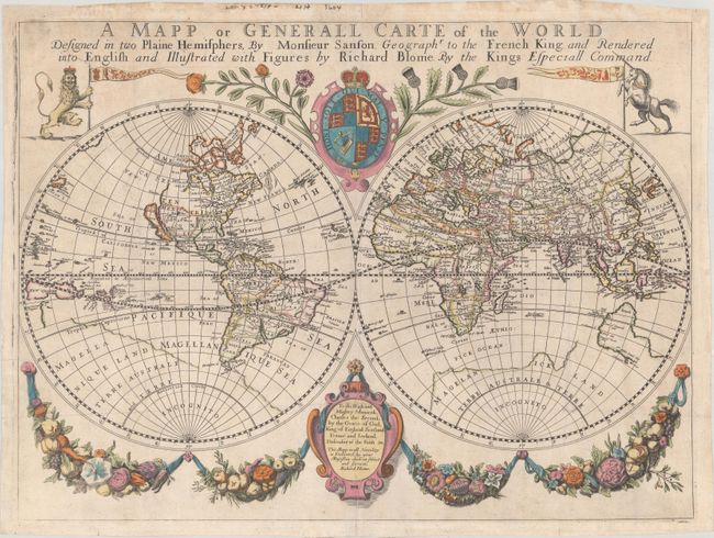 A Mapp or Generall Carte of the World Designed in Two Plaine Hemisphers, by Monsieur Sanson...