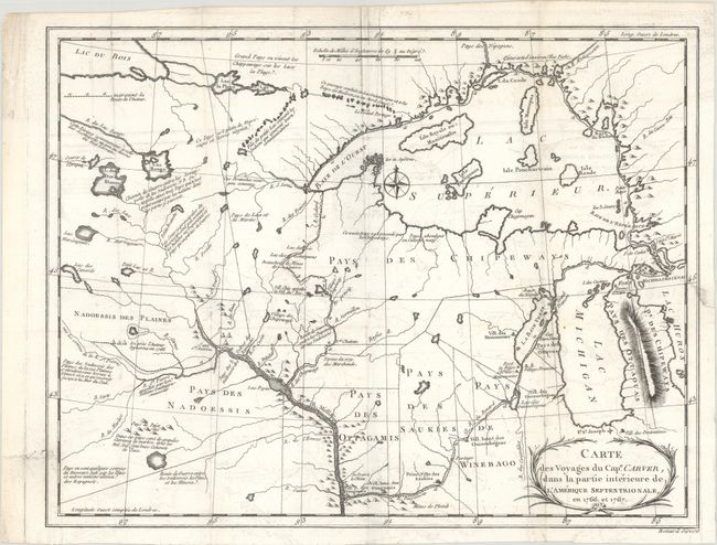 Carte des Voyages du Cape. Carver, dans la Partie Interieure de l'Amerique Septentrionale, en 1766, et 1767