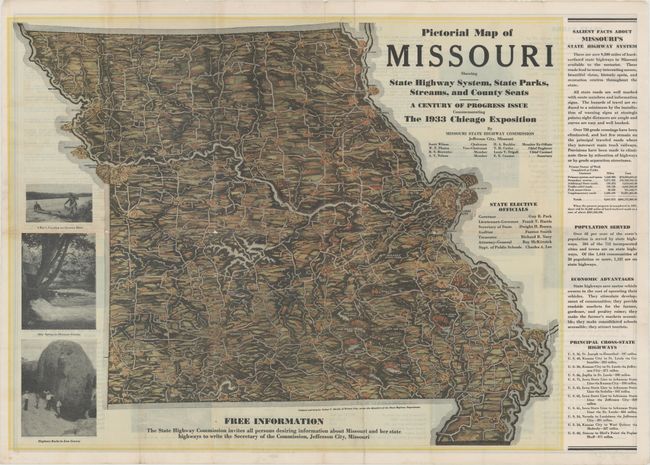 Pictorial Map of Missouri Showing State Highway System, State Parks, Streams, and County Seats - A Century of Progress Issue Commemorating the 1933 Chicago Exposition