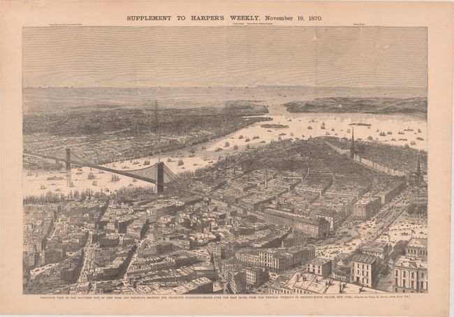 Birds-Eye View of the Southern End of New York and Brooklyn, Showing the Projected Suspension Bridge Over the East River...