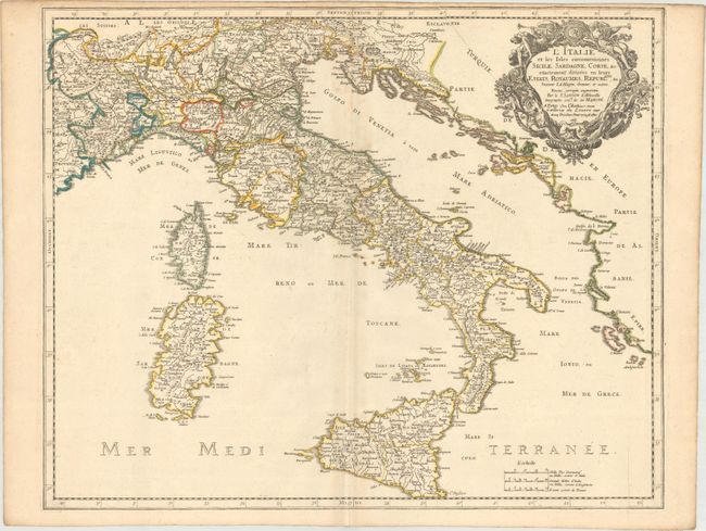 L'Italie et les Isles Circomvoisines Sicile, Sardagne, Corse, &c. Exactemente Divisees en Leurs Estats, Royaumes, Republques, &c...