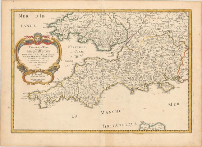 Provinces d'West; Autrefois Royaume d'Westsex: ou sont Aujourdhuy les Comtes Hant-Shire, et l'Isle de Wight, Barck-Sh. Wilt-Sh. Dorcet-Sh. Somerset-Sh. Devon-Sh. et Cornwall, &c.