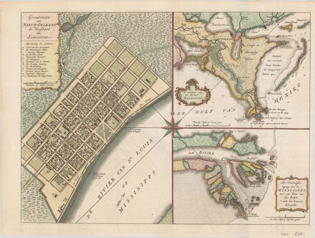 Grondvlakte van Nieuw Orleans, de Hoofdstad van Louisiana [on sheet with] De Uitloop van de Rivier Missisippi [and] De Oostelyke Ingang van de Missisippi, met een Plan van het Fort...