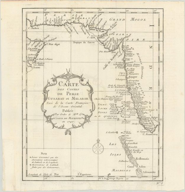 Carte des Costes de Perse Gusarat et Malabar Tiree de la Carte Francoise de l'Ocean Oriental...