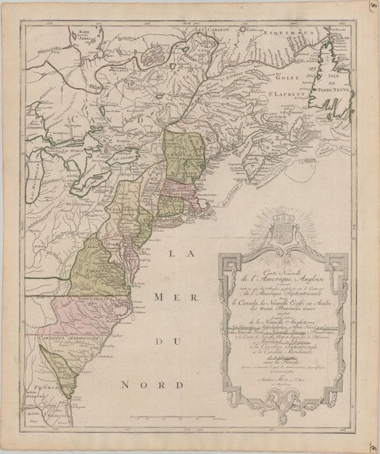 Carte Nouvelle de l'Amerique Angloise Contenant tout ce que les Anglois Possedent sur le Continent de l'Amerique Septentrionale Savoir le Canada, la Nouvelle Ecosse ou Acadie, les Treize Provinces Unies...