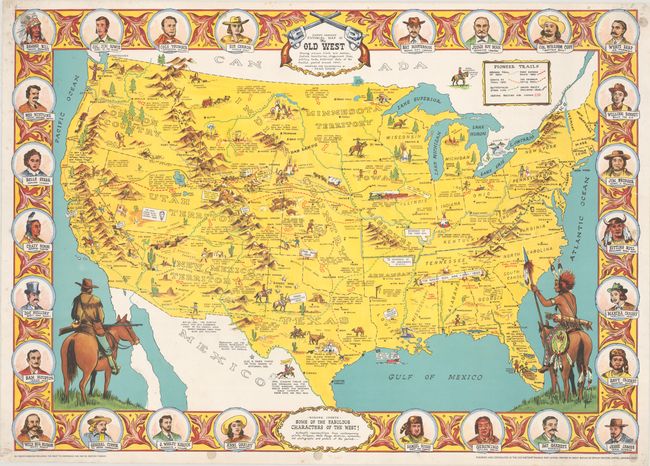 Danny Arnold's Pictorial Map of the Old West Showing Pioneer Trails and Battles, Indian Territories, Stagecoach Lines, Military Forts, Historical Data of the Frontier Period Around 1840