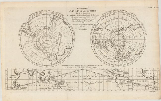 Geography - A Map of the World in Three Sections, Describing the Polar Regions to the Tropics in Which Are Traced the Tracts of Lord Mulgrave and Captain Cook Towards the North & South Poles...