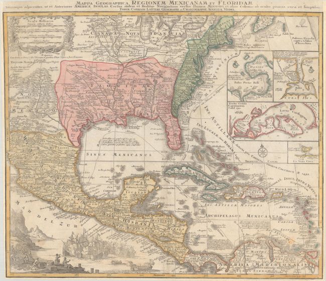 Mappa Geographica Regionem Mexicanam et Floridam Terrasque Adjacentes, ut et Anteriores Americae Insulas, Cursus Itidem et Reditus Navigantium Versus Flumen Missisipi et Alias Colonias