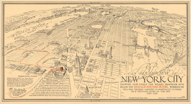An Aerial View of New York City Showing How Easily the Weary Traveler May Reach the Herald Square Hotel Wherein He Will Find the Rest - Comfort - & - Hospitality...