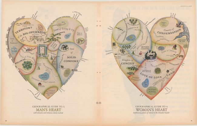 Geographical Guide to a Man's Heart with Obstacles and Entrances Clearly Marked [on sheet with] Geographical Guide to a Woman's Heart Emphasizing Points of Interest to the Romantic Traveler
