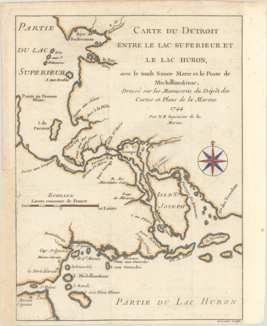 Carte du Detroit entre le Lac Superieur et le Lac Huron, avec le Sault Sainte Marie et le Poste de Michillimakinac