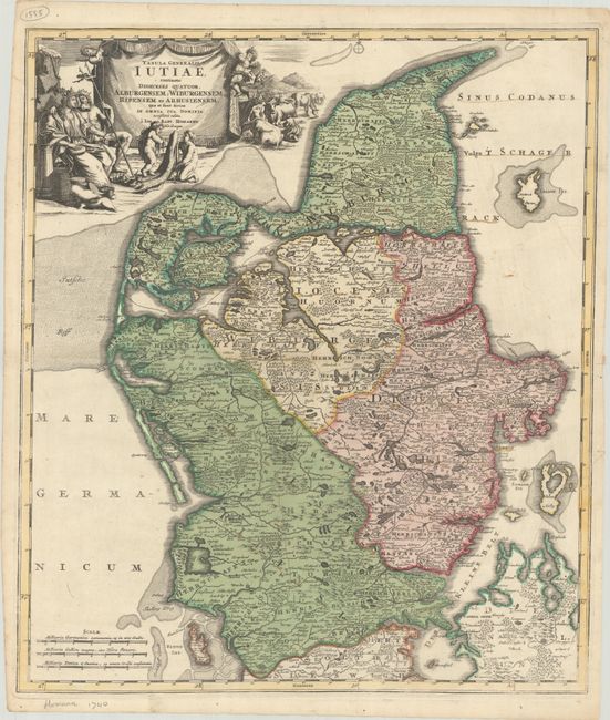 Tabula Generalis Iutiae, Continens Dioeceses Quatuor, Alburgensem, Wiburgensem, Ripensem et Arhusiensem, quae et sunt Divisae in Omnia sua Dominia...