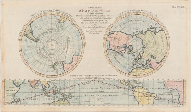 Geography - A Map of the World in Three Sections, Describing the Polar Regions to the Tropics in Which Are Traced the Tracts of Lord Mulgrave and Captain Cook Towards the North & South Poles...